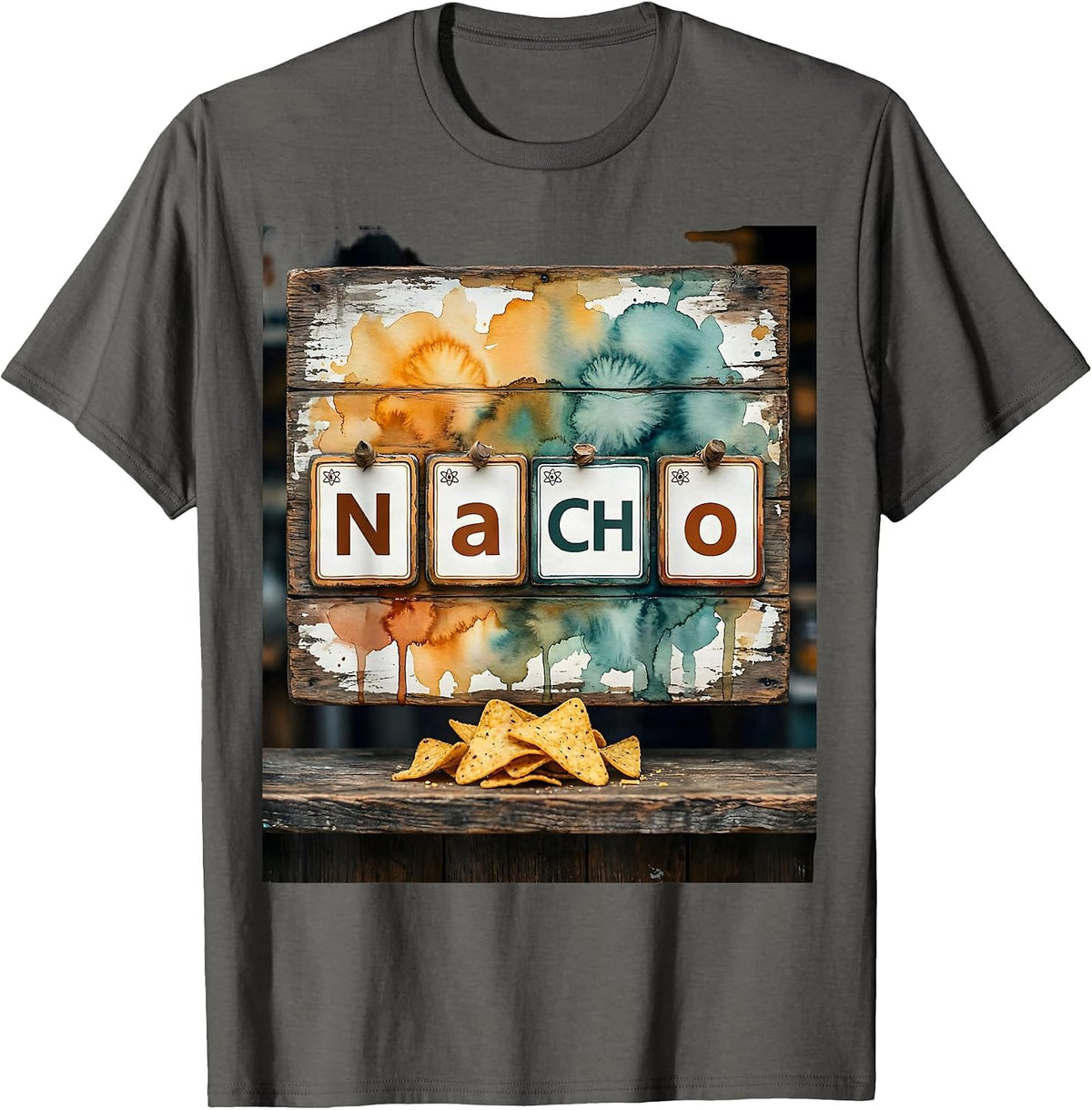 NaCHo Weathered Wooden Signboard Chemistry Pun Science T-Shirt - Asphalt Grey