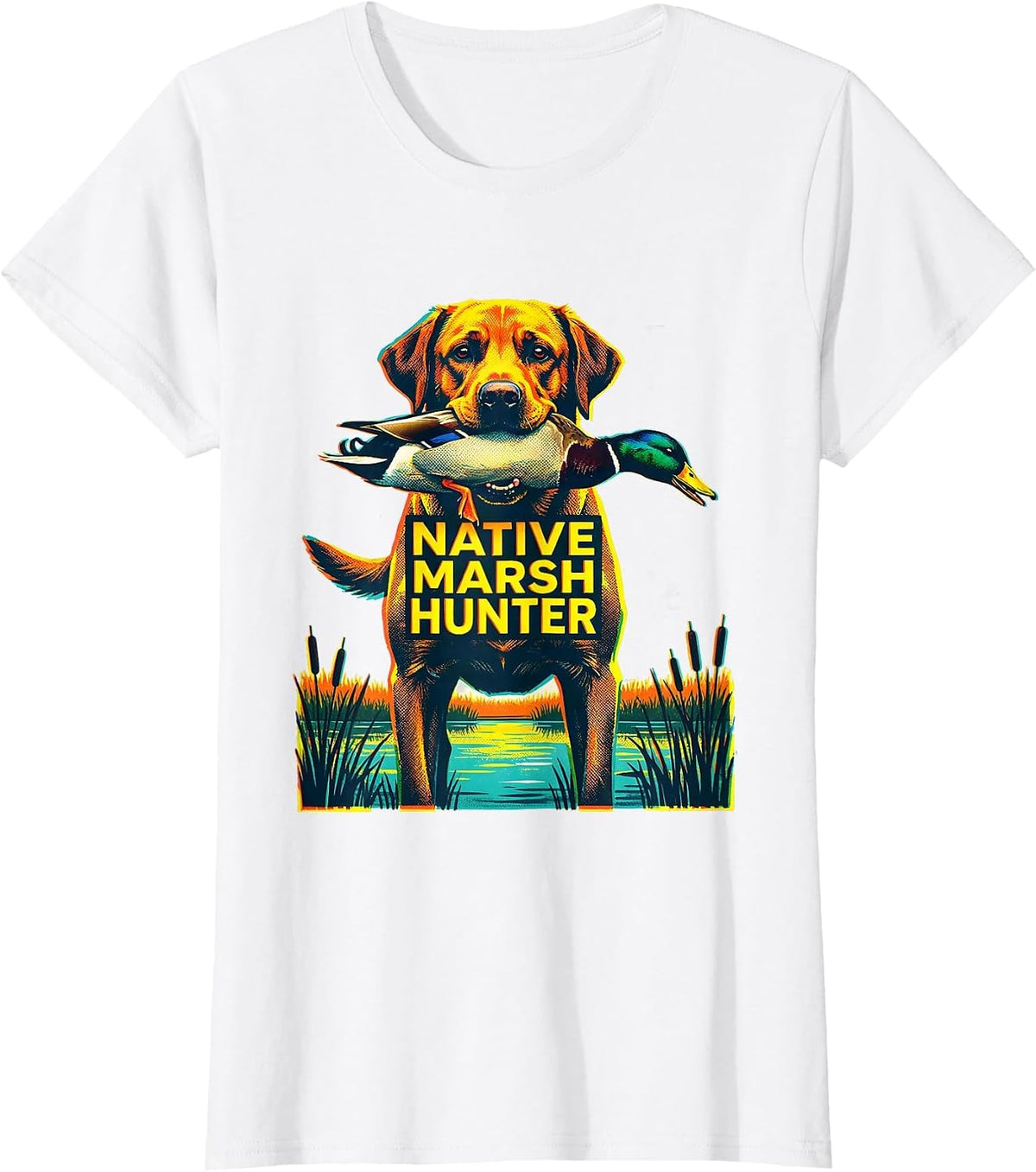 Native Marsh Hunter Risograph Labrador Retriever Duck T-Shirt - White
