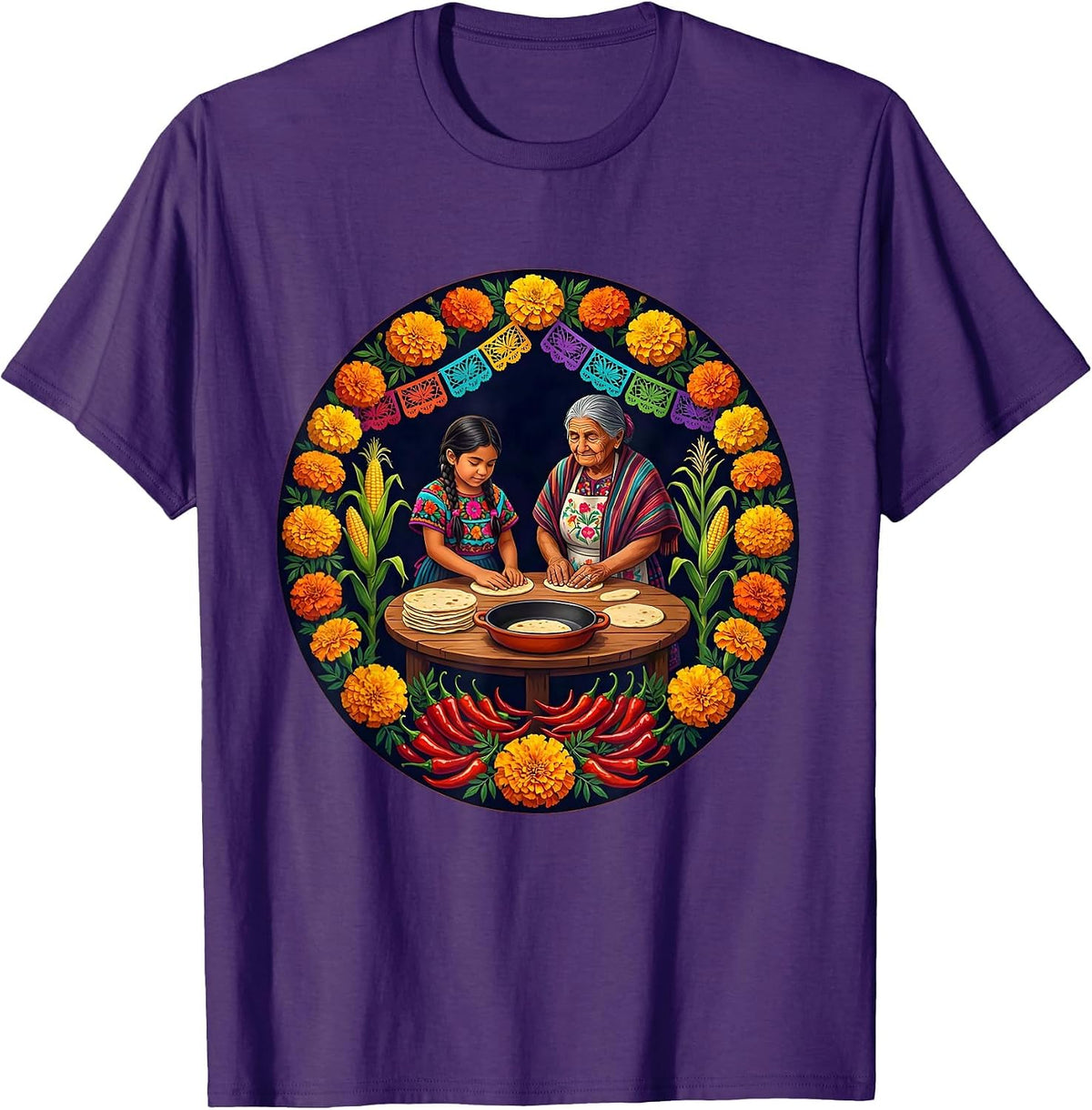 Mexican Girl Making Tortillas With Abuela T-Shirt - Purple