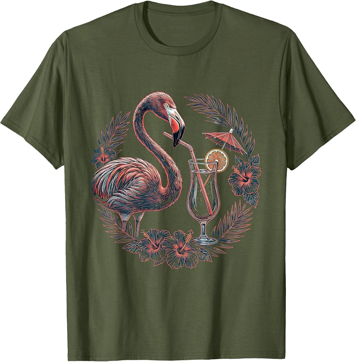 Men's Flamingo Sipping Cocktail Tropical Art T-Shirt - Olive Green