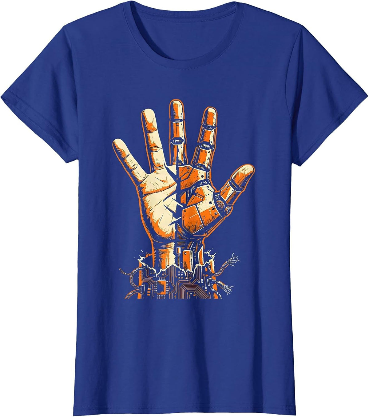 Women's Cyberpunk Half-Machine Hand Reaching Upward T-Shirt - Royal Blue