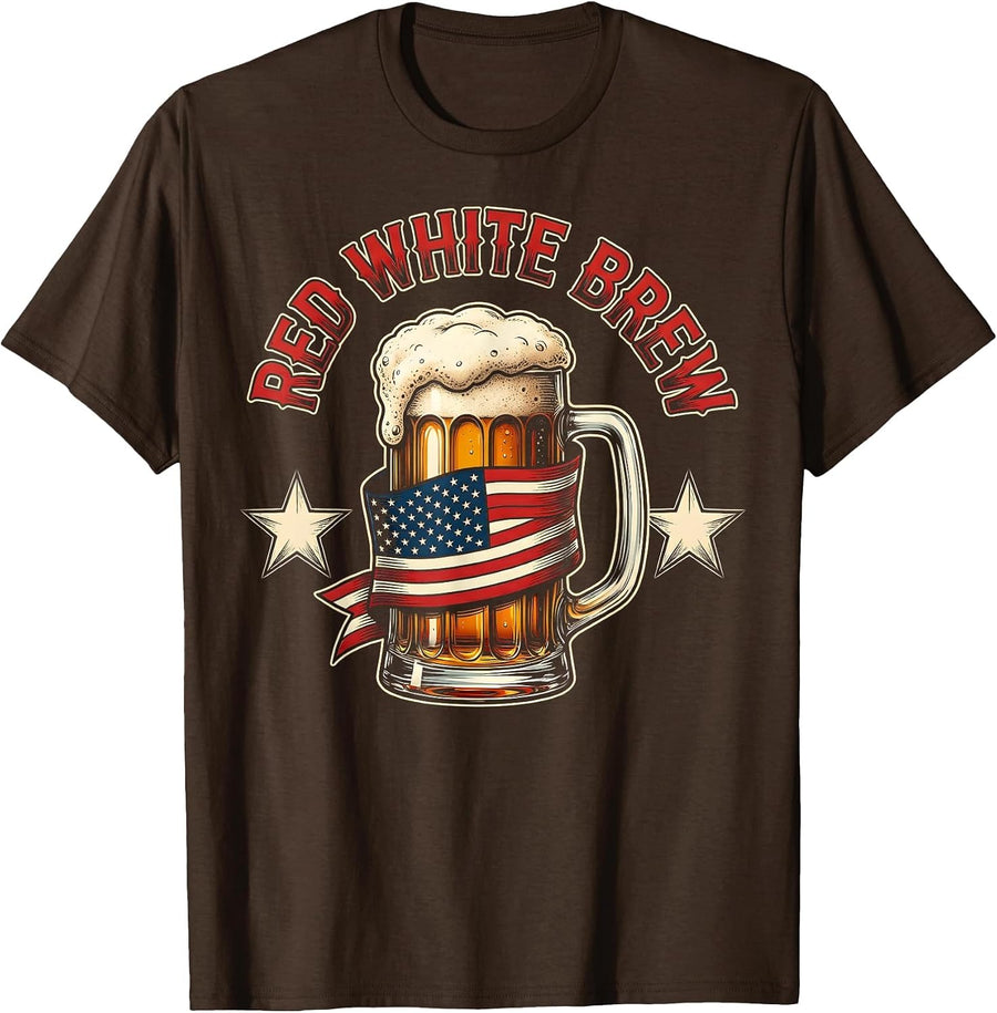 Red White Brew American Flag Patriotic Design T-Shirt - Brown