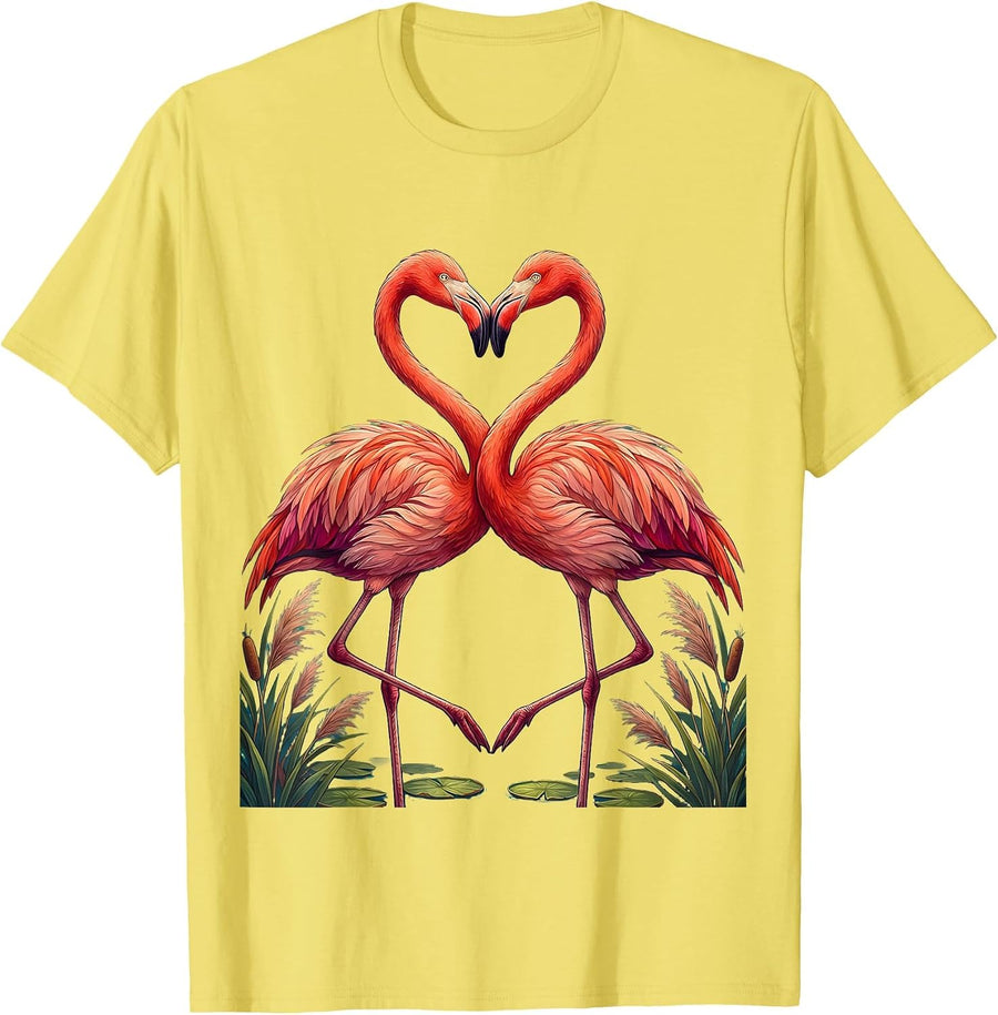Men's Flamingo Love Couple Romantic Beak to Beak Design T-Shirt - Lemon Yellow