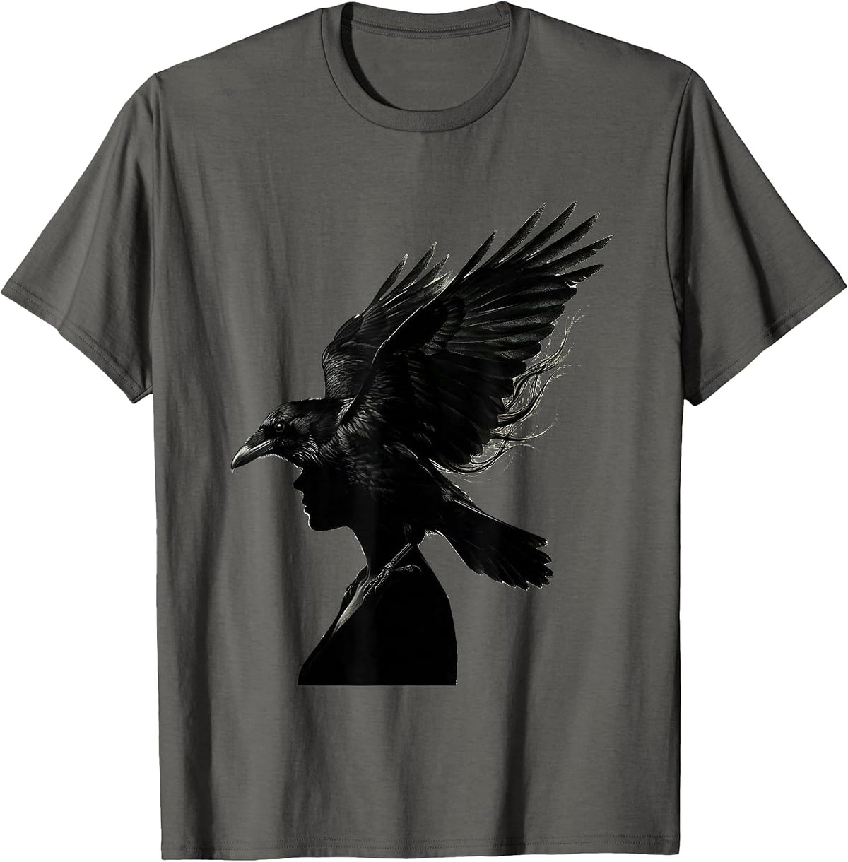 Men's Crow and Woman Shared Shadow Gothic Art T-Shirt - Asphalt Grey