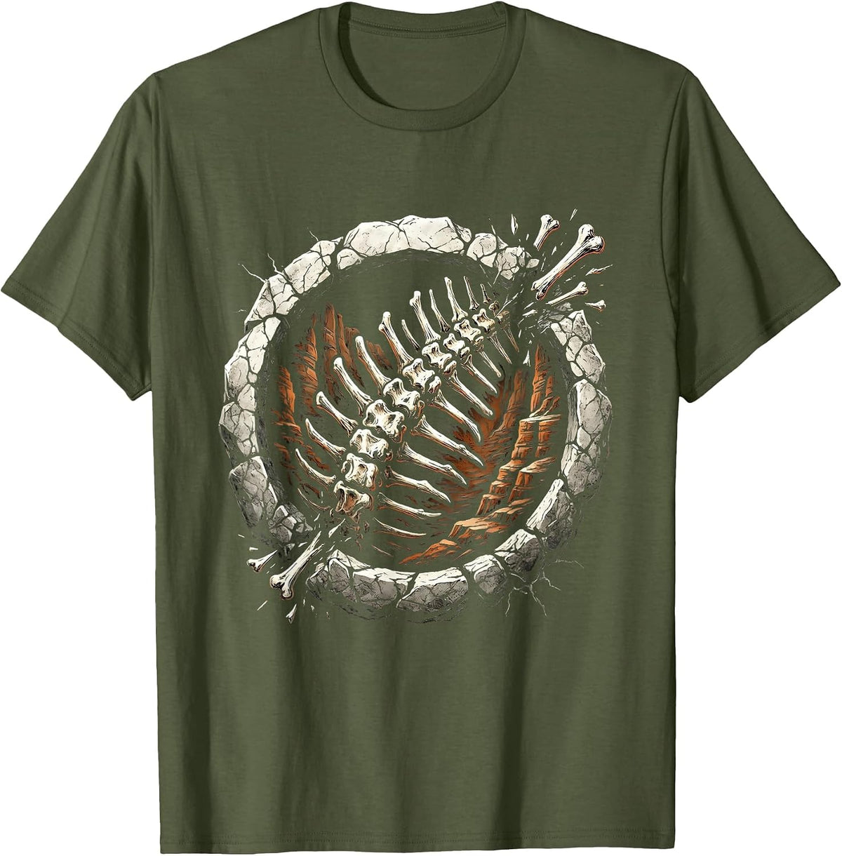 Fossilized Dinosaur Spine Cliff Face Illustration T-Shirt - Olive Green
