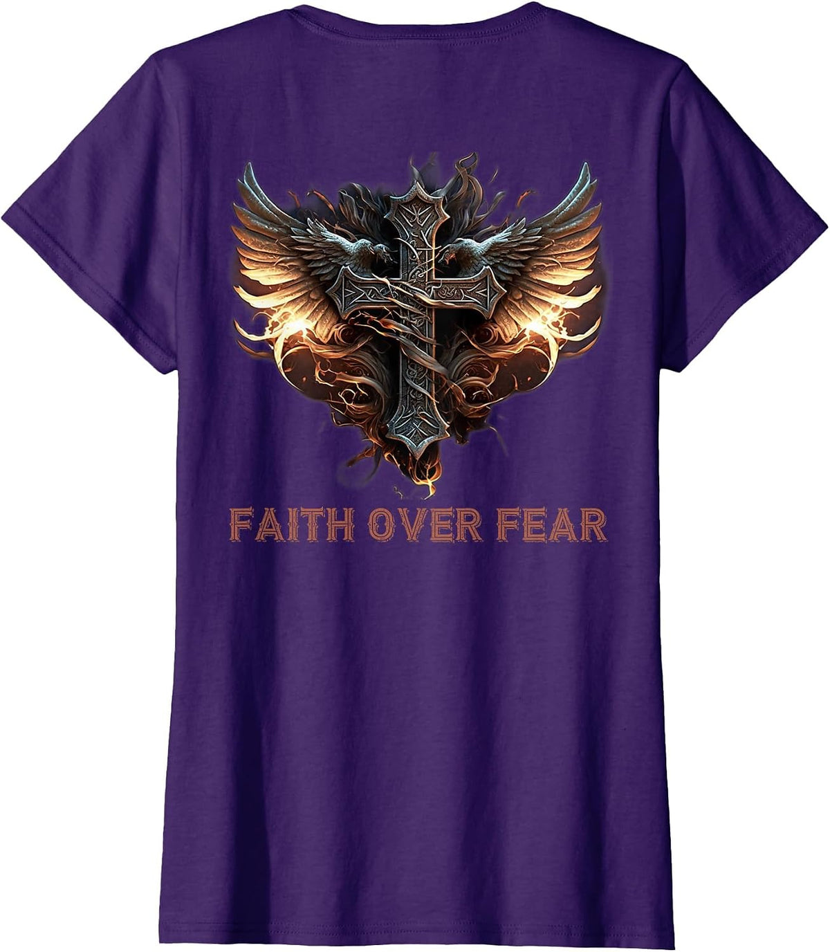 Angel Wings Christian Cross Faith Over Fear - On Back T-Shirt - Purple