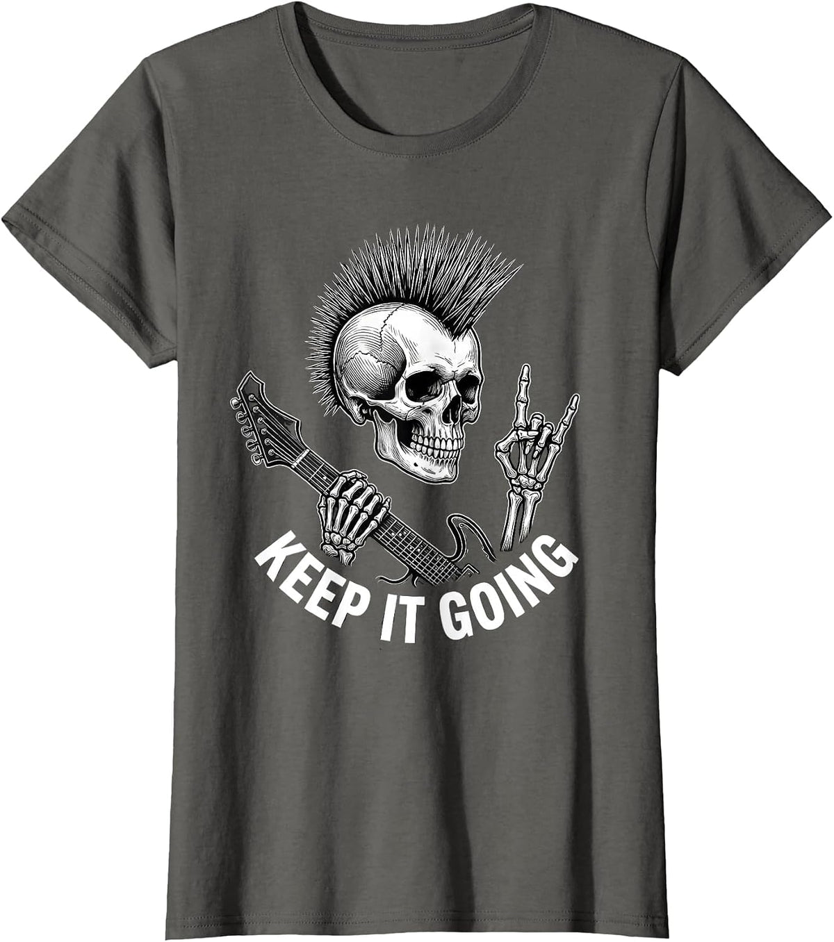 Women's Keep It Going Punk Rock Skeleton Skull Guitar Halloween T-Shirt - Asphalt Grey