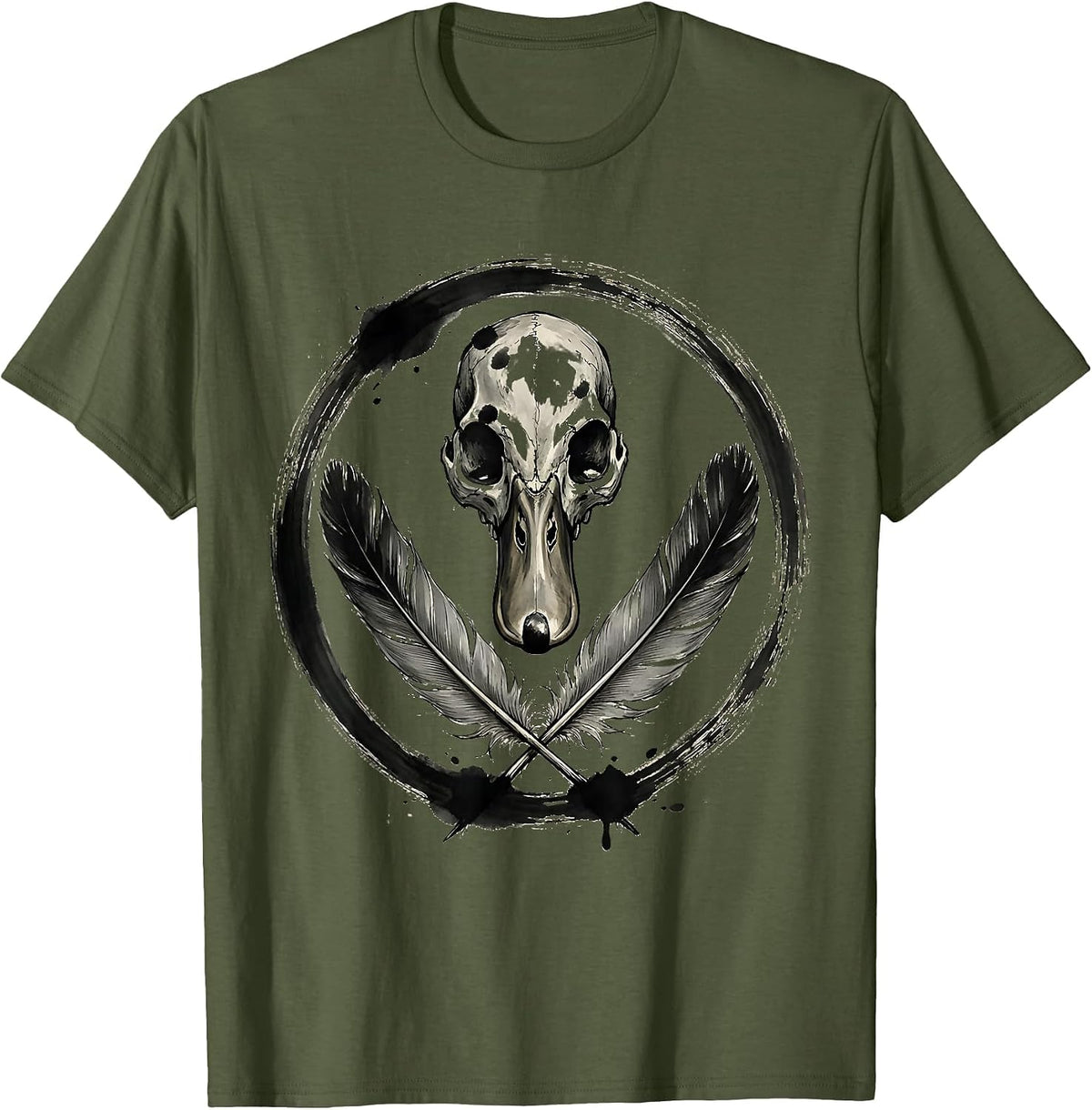 Men's Duck Skull Crossed Feathers Gothic Nature Design T-Shirt - Olive Green