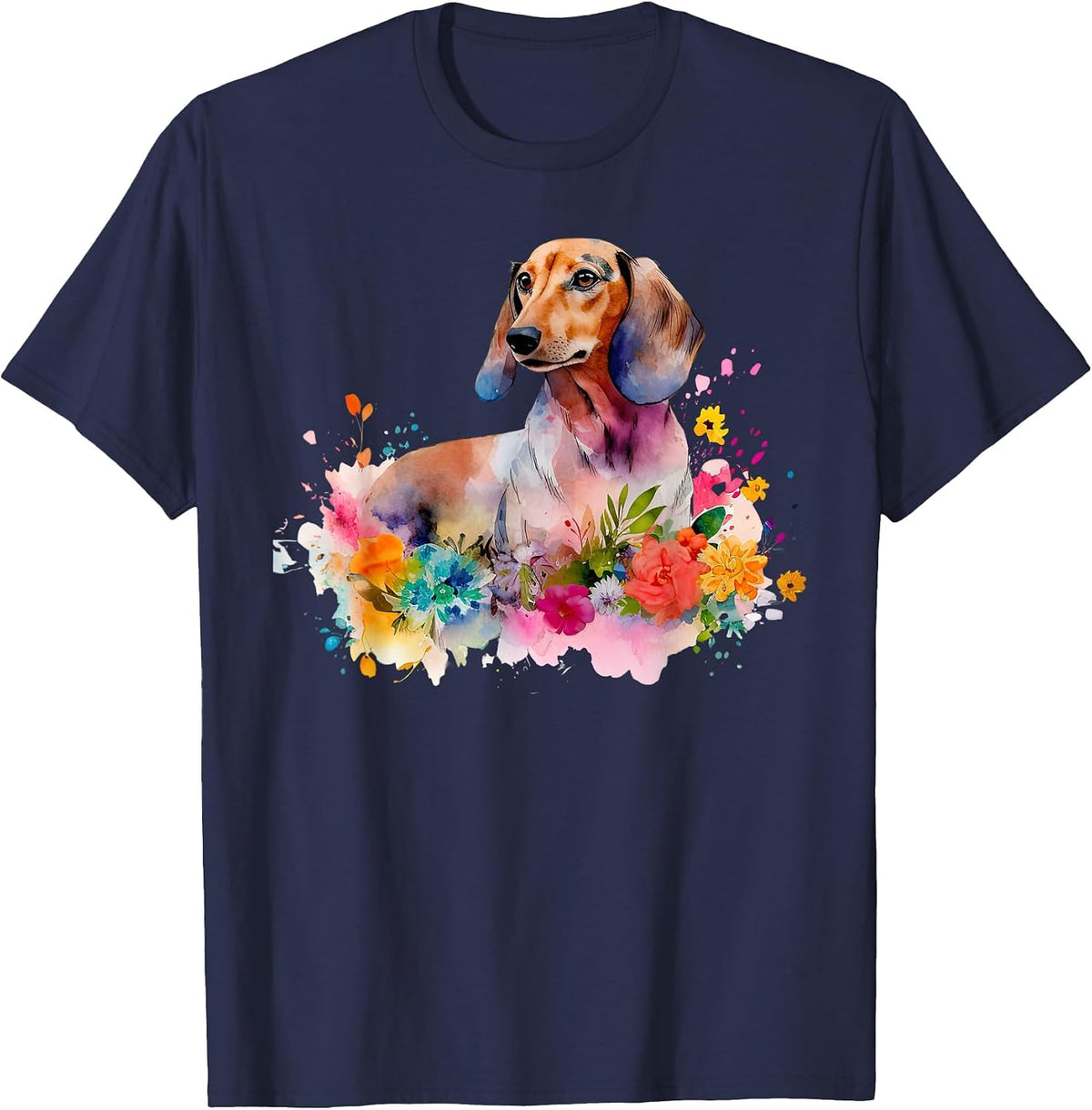 Dachshund Watercolor Art Dog Dog Breed Woman Kids Floral T-Shirt - Navy Blue