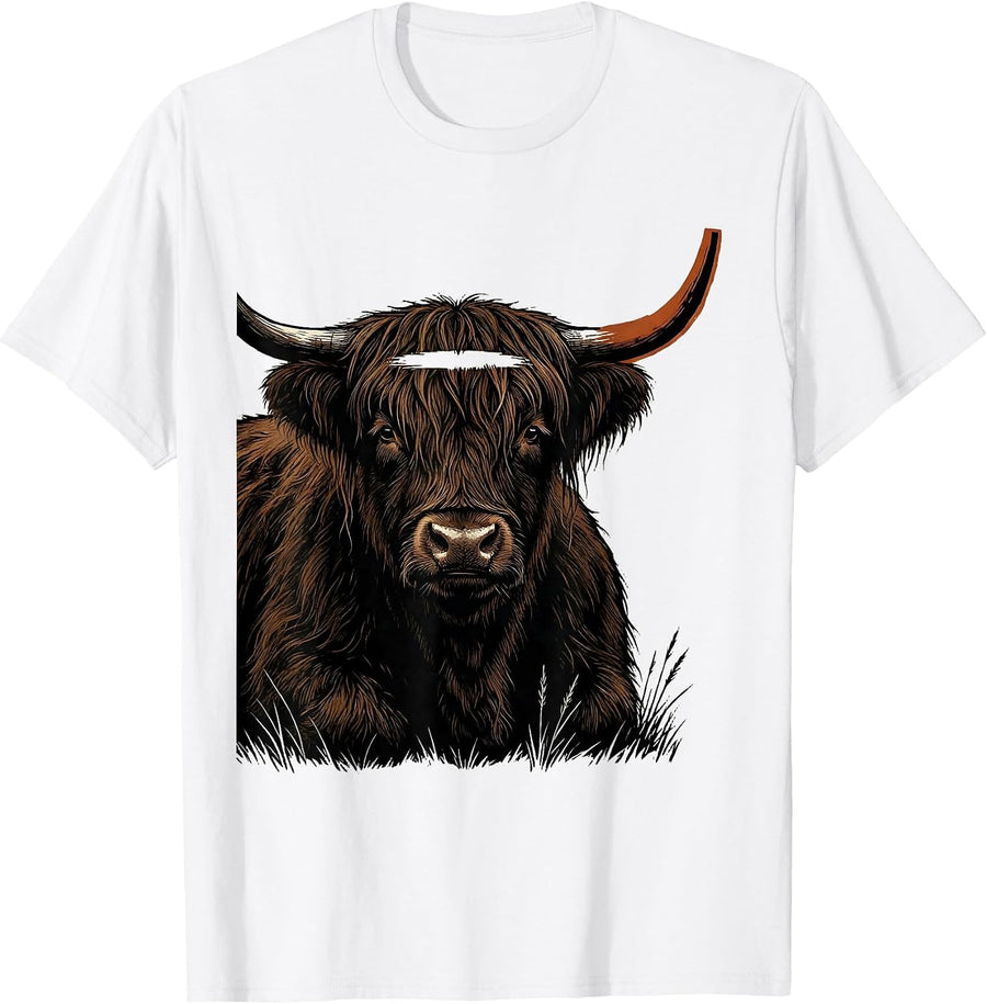 Men's Highland Cow Silhouette Linocut Cute Cow Lover Art T-Shirt - White