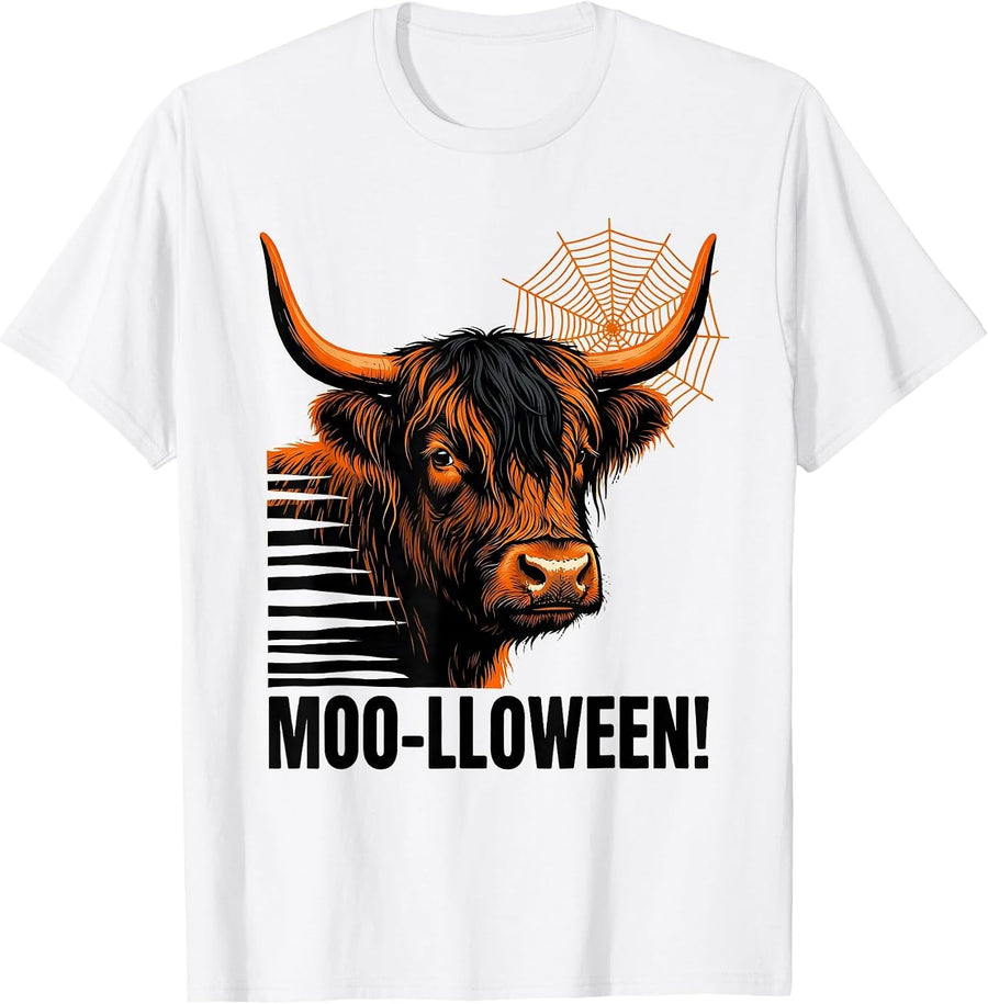Men's Moo-lloween! Stencil Highland Cow Halloween Funny Costume T-Shirt - White