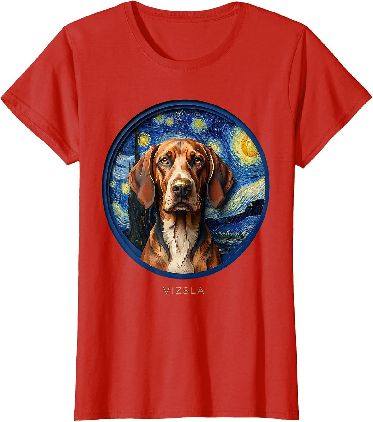 Women's Vizsla Paper Cutout Van Gogh Starry Night Dog Portrait T-Shirt - Red