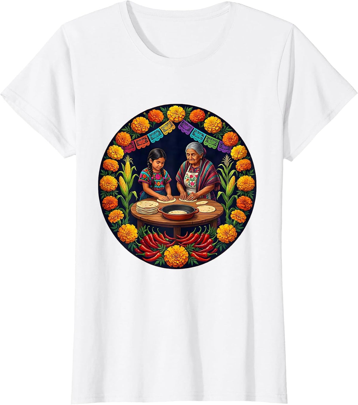 Mexican Girl Making Tortillas With Abuela T-Shirt - White