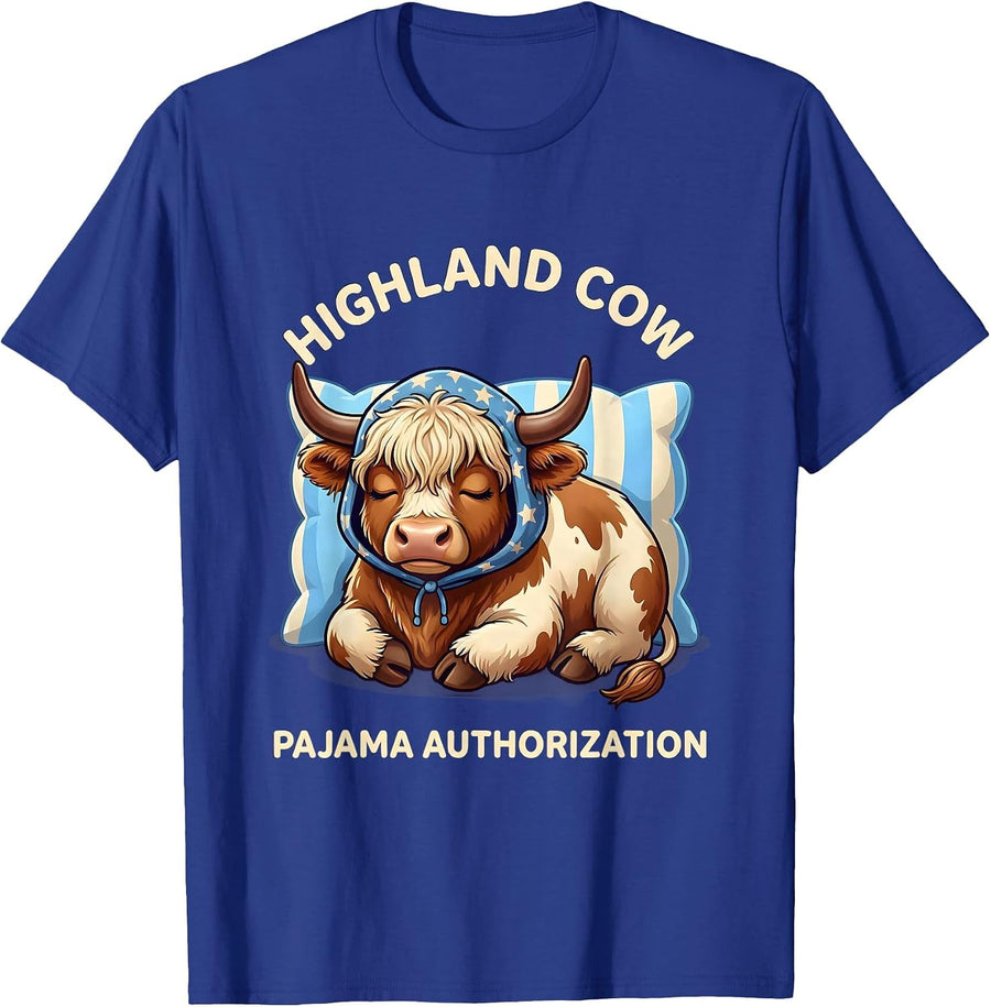 Highland Cow Pajama Authorization Cute Kawaii Bedtime Humor T-Shirt - Royal Blue