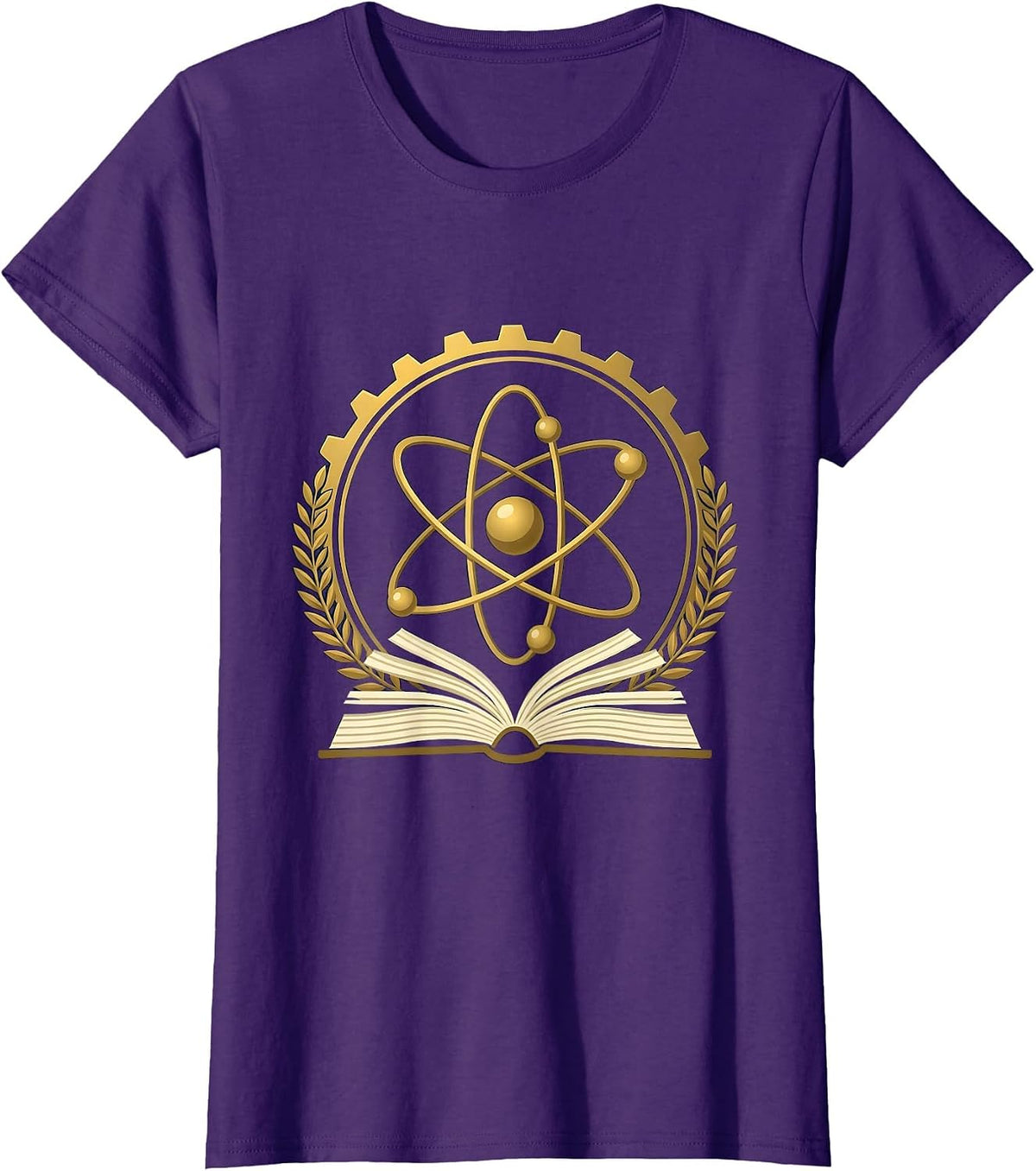 Women's Science Teacher Atom Model Over Textbook Graphic T-Shirt - Purple
