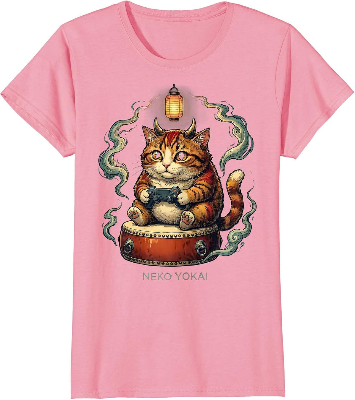 Women's Neko Yokai Funny Cat Anime Gaming Ramen Cat Lover T-Shirt - Pink