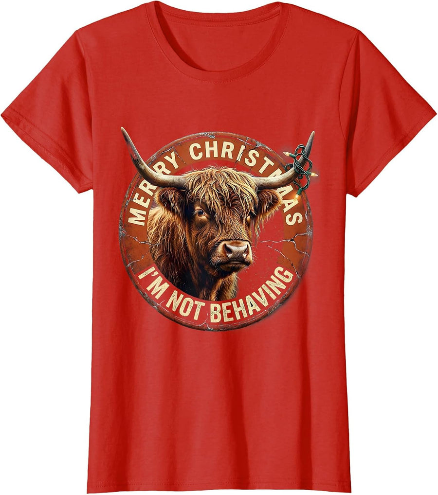 Women's Merry Christmas, I'm Not Behaving Distressed Highland Cow T-Shirt - Red