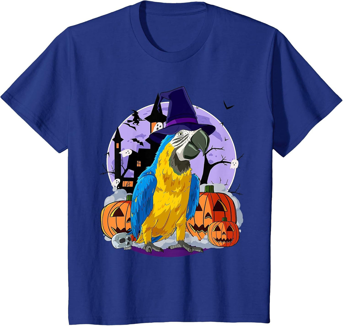 Cute Blue-and-Yellow Macaw Halloween Witch Pumpkin T-Shirt - Royal Blue
