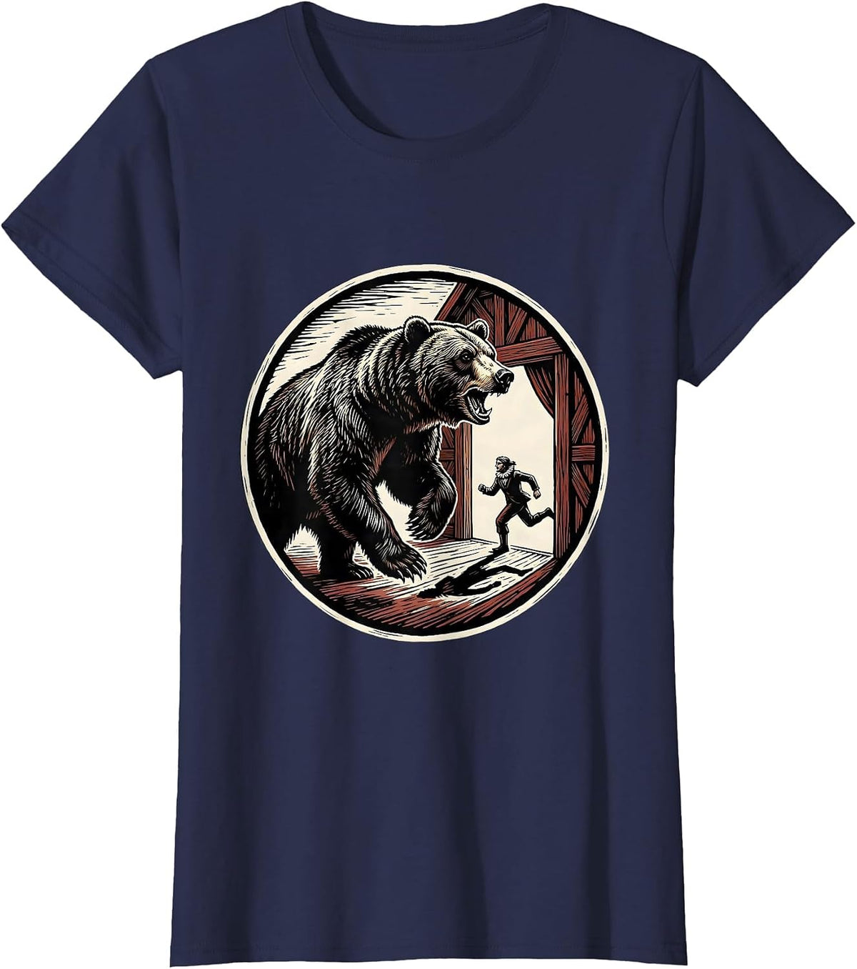 Women's Charging Bear Linocut Theatre Humor Shakespeare Fan T-Shirt - Navy Blue