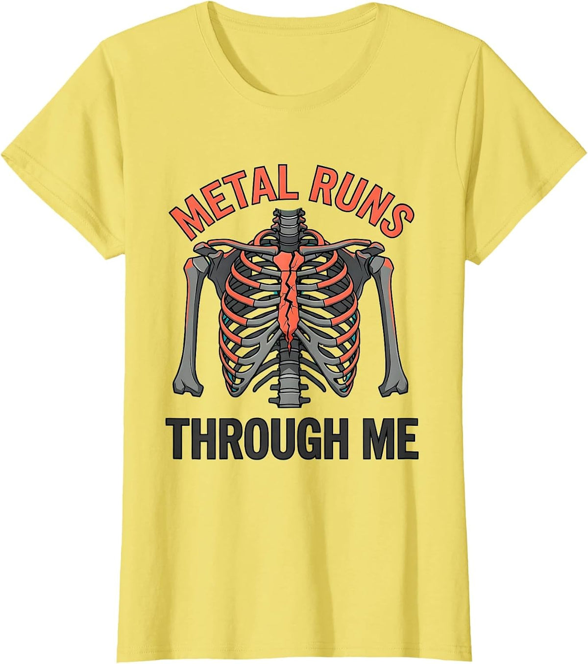 Women's Metal Runs Through Me Rock Music Graphic Design T-Shirt - Lemon Yellow