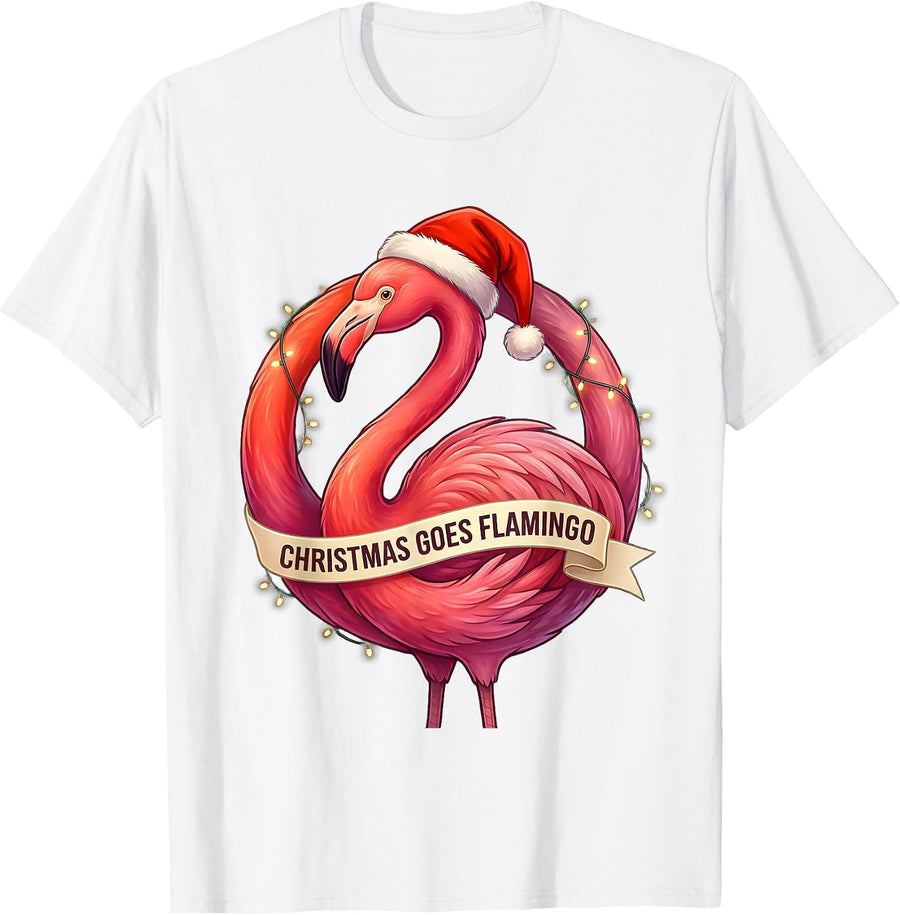 Men's Christmas Goes Flamingo Gradient Whimsical Holiday Humor T-Shirt - White