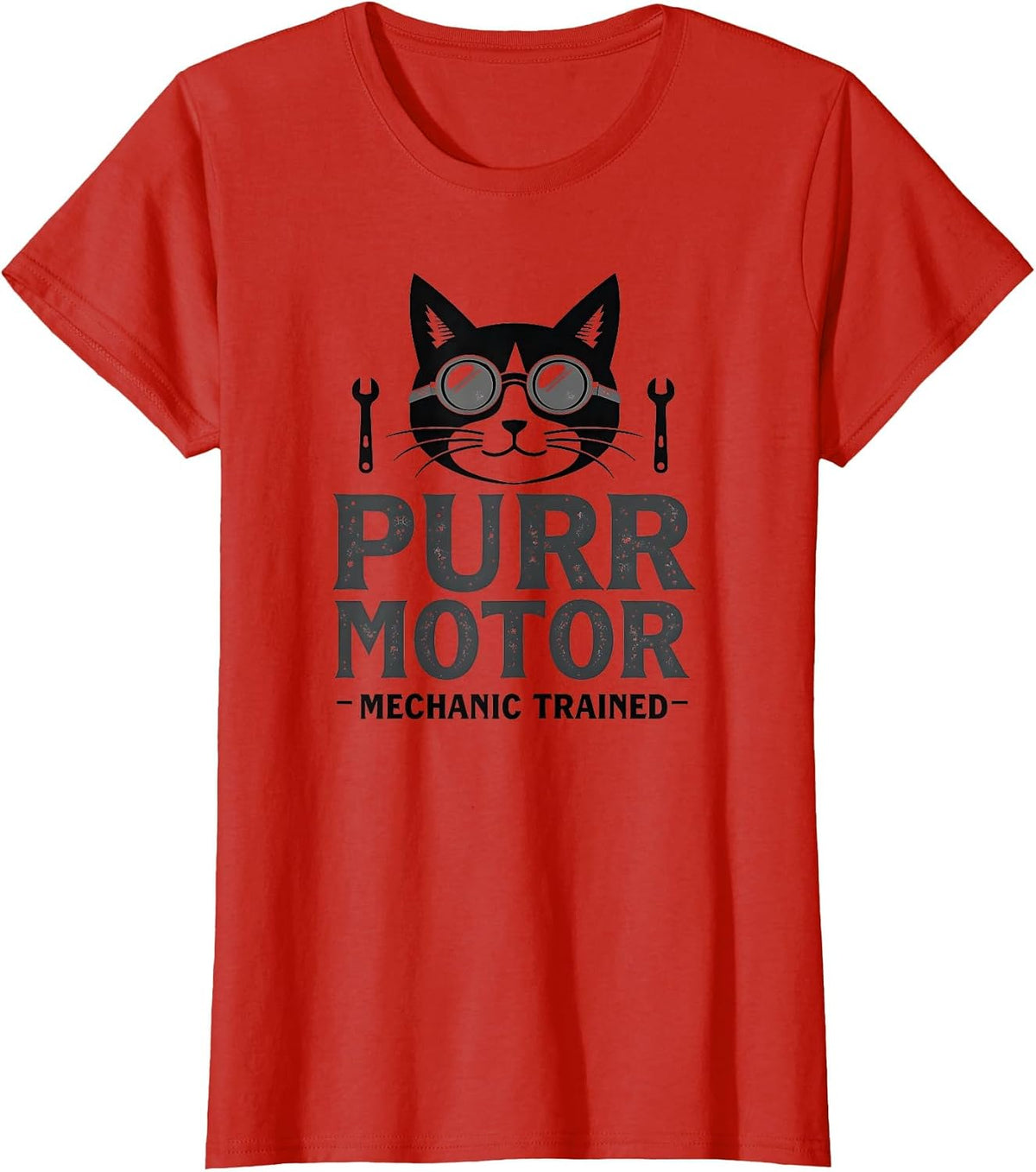 Purr Motor Mechanic Trained Cat Design T-Shirt - Red