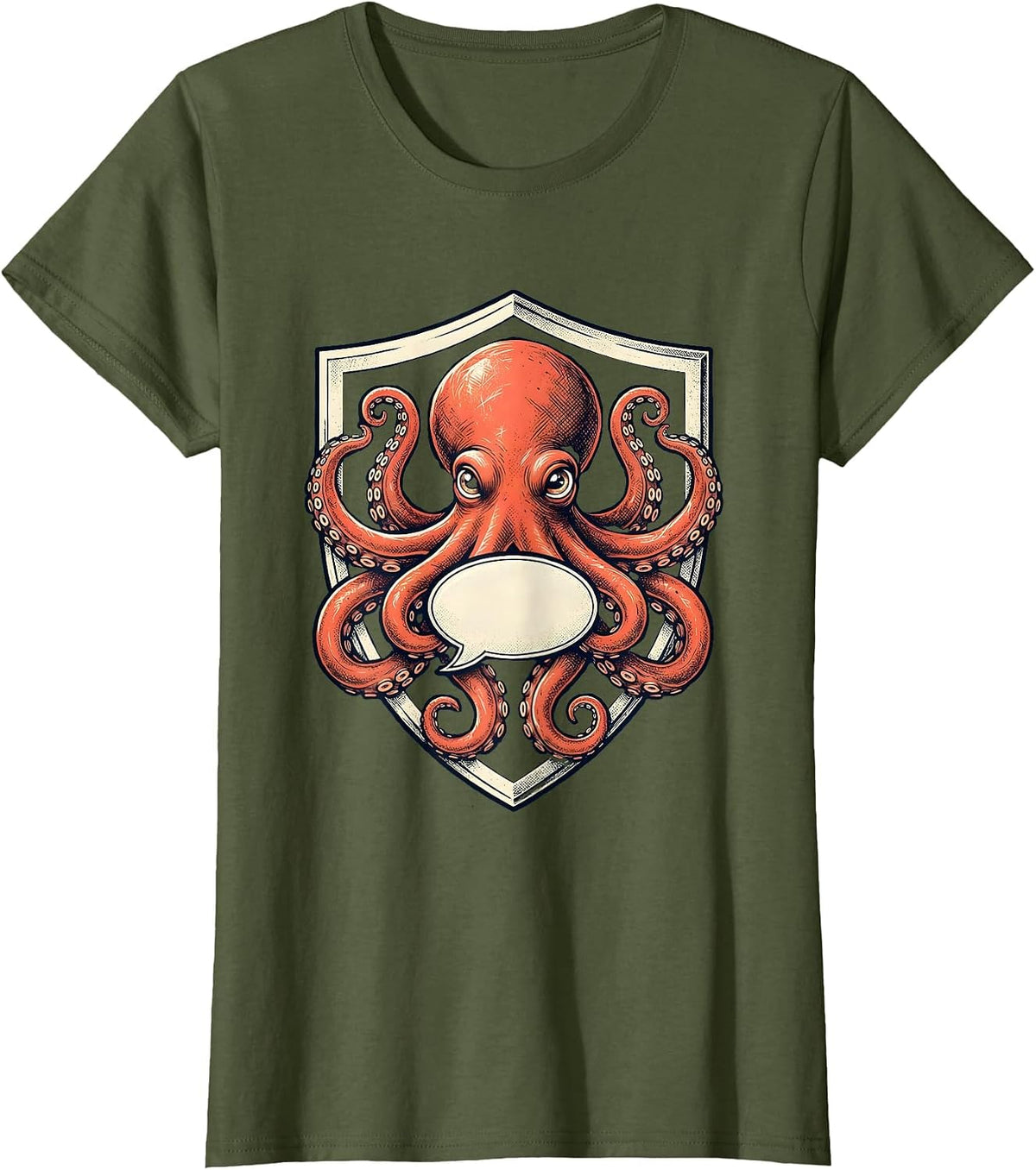 Women's Heraldic Octopus Emblem Marine Biology Enthusiast T-Shirt - Olive Green