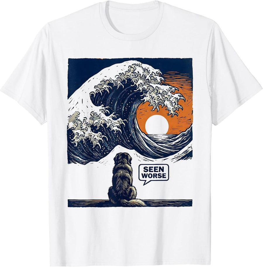 Men's Seen Worse Linocut Great Wave Dog Breed Humor T-Shirt - White