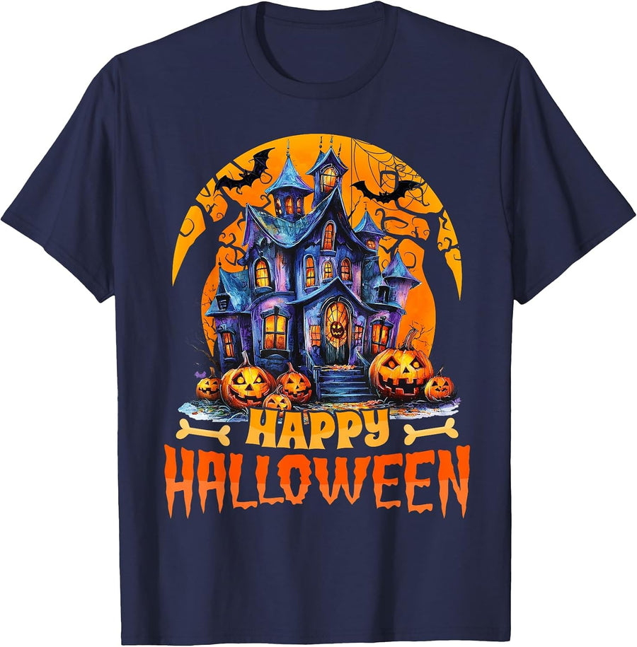 Happy Halloween Haunted House Halloween Costumes Women Men T-Shirt - Navy Blue