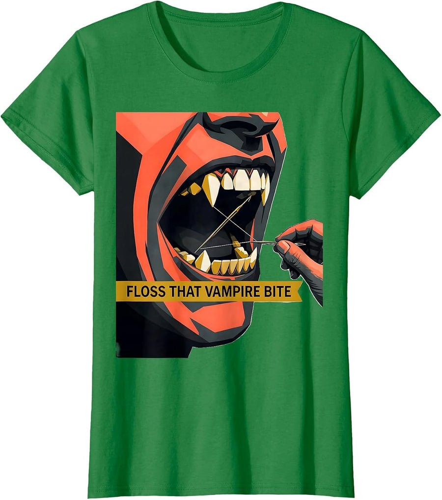 Women's Floss That Vampire Bite Midcentury Modern Dentist Halloween T-Shirt - Kelly Green