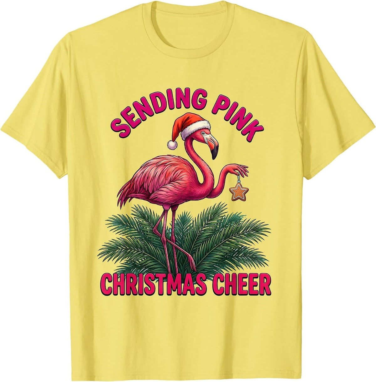 Men's Sending Pink Christmas Cheer Funny Flamingo Santa Hat T-Shirt - Lemon Yellow