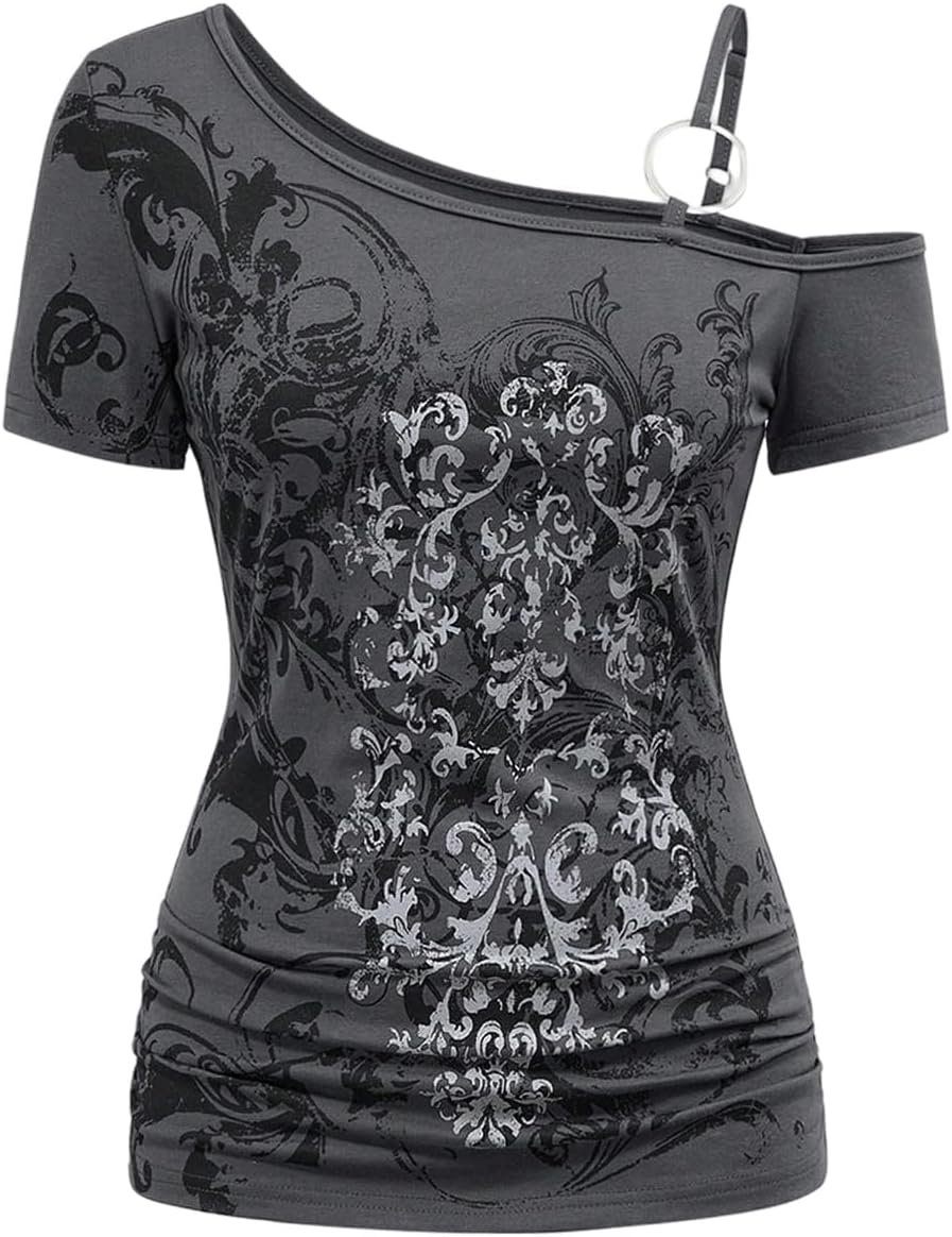 SOLY HUX Women's Gothic Tee Emo Alt Clothes Grunge Shirts Off Shoulder Tops - Dark Grey