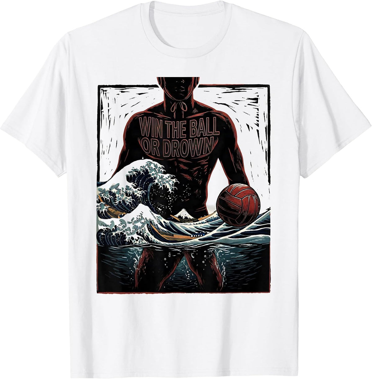 Men's WIN THE BALL OR DROWN Funny Water Polo Player Linocut Humor T-Shirt - White
