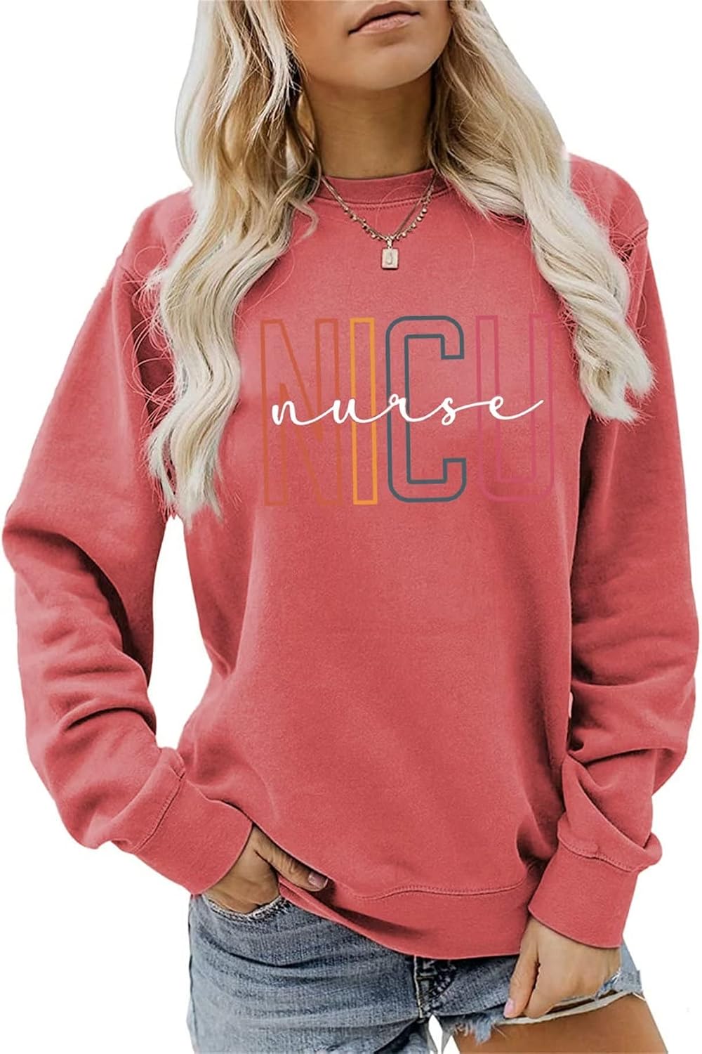 SHAGMTLI Nicu Nurse Sweatshirt Womens Crewneck Long Sleeve Retro Graphic Pullovers Nicu Nurse Gift Lightweight Tops - Red