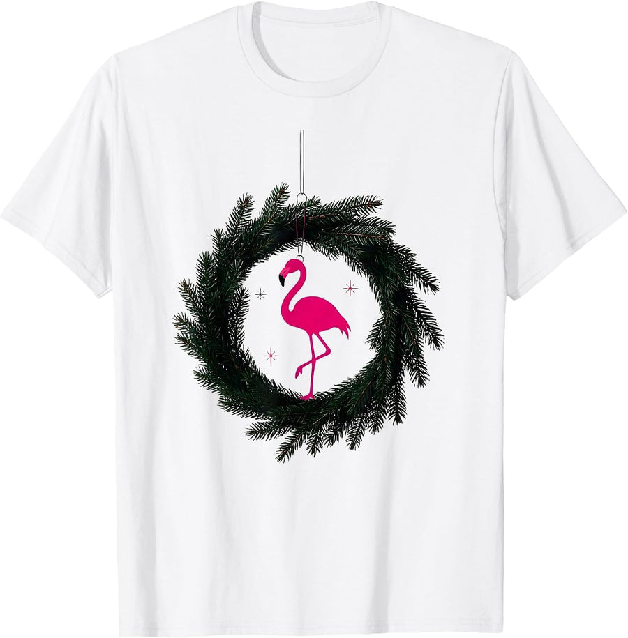 Men's Pink Flamingo Minimalist Christmas Ornament Holiday Humor T-Shirt - White
