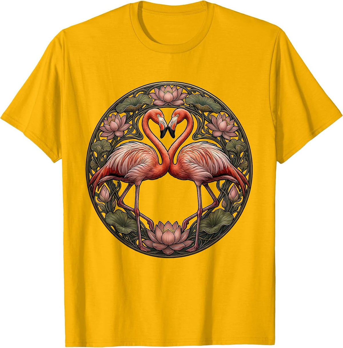 Flamingo Love Heart Romantic Wildlife Illustration T-Shirt - Golden Yellow