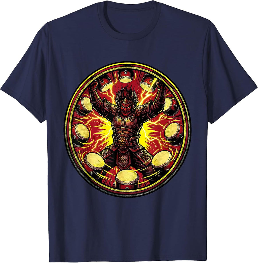 Thunder God Taiko Drum Anime Graphic Tee T-Shirt - Navy Blue