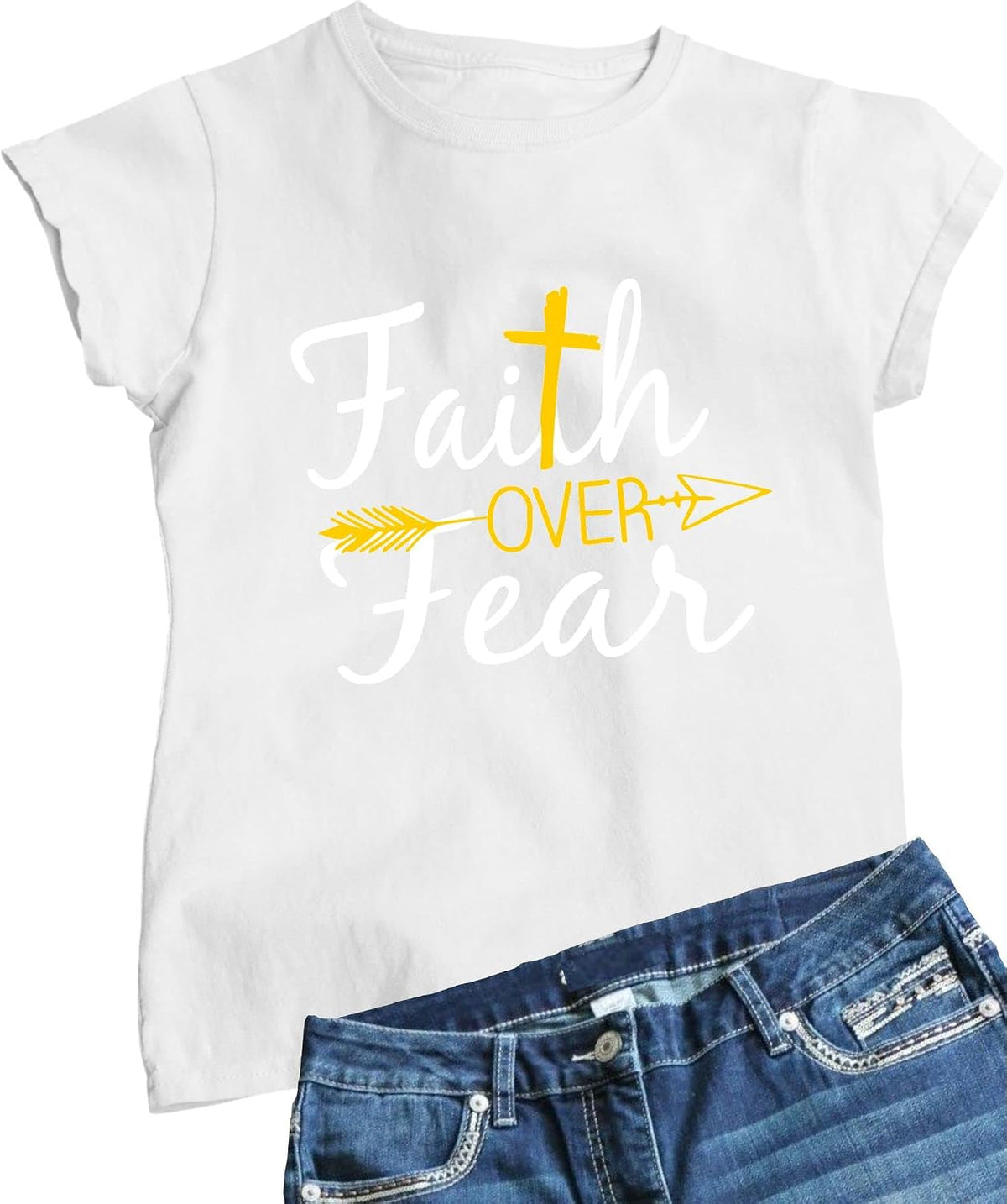 Go All Out Womens Faith Over Fear Cross & Arrow Christian Jesus T-Shirt - White