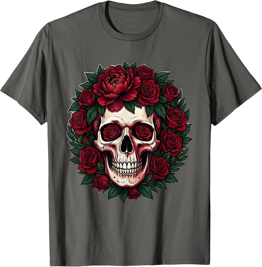 Skull Flower Crown Rock and Roll Graphic T-Shirt - Asphalt Grey