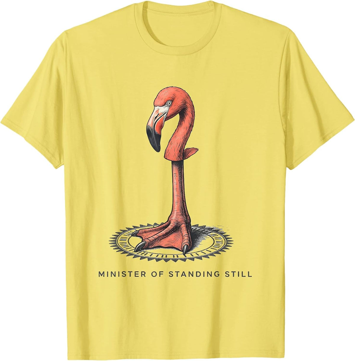 Men's Minister Of Standing Still Funny Flamingo Animal Humor T-Shirt - Lemon Yellow
