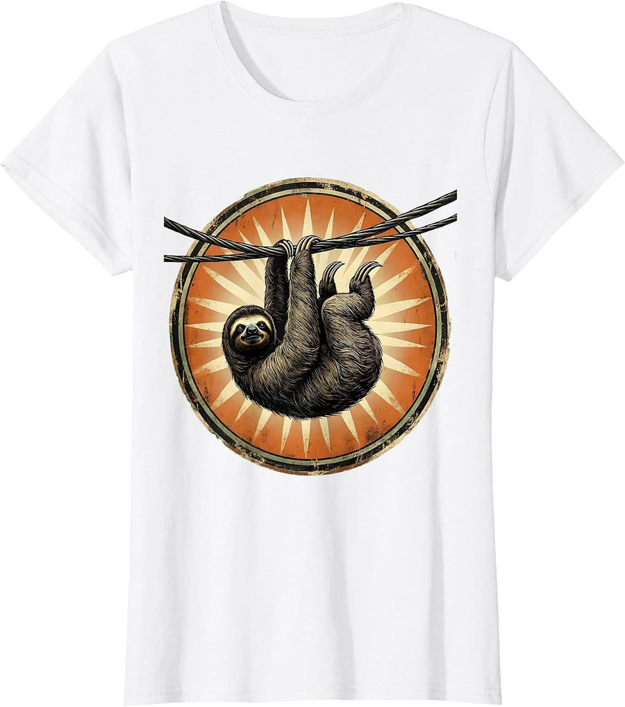 Women's Sloth Hanging From Power Line Funny Novelty T-Shirt - White