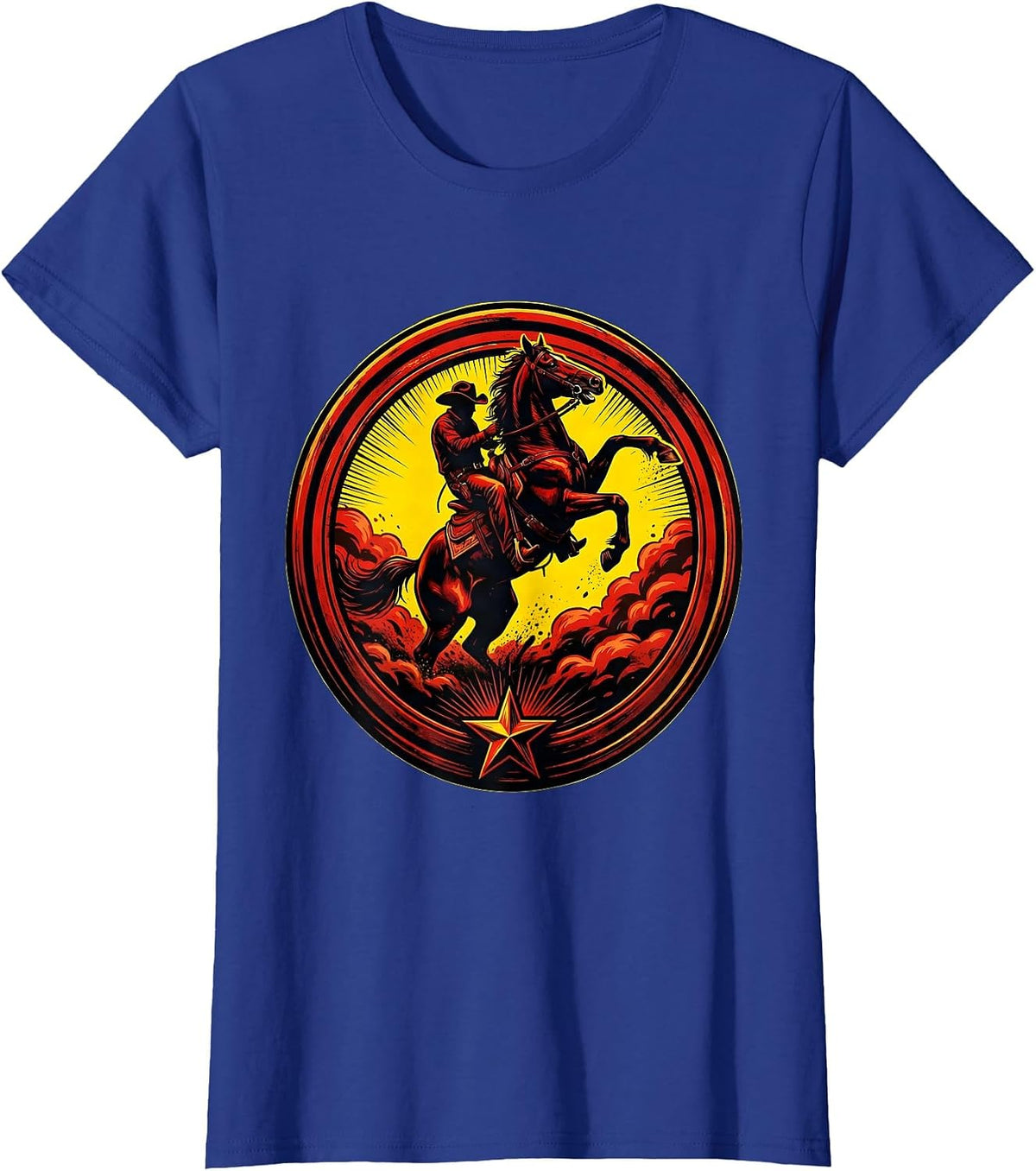 Women's Rearing Horse Dust Cloud Cowboy Graphic Tee T-Shirt - Royal Blue