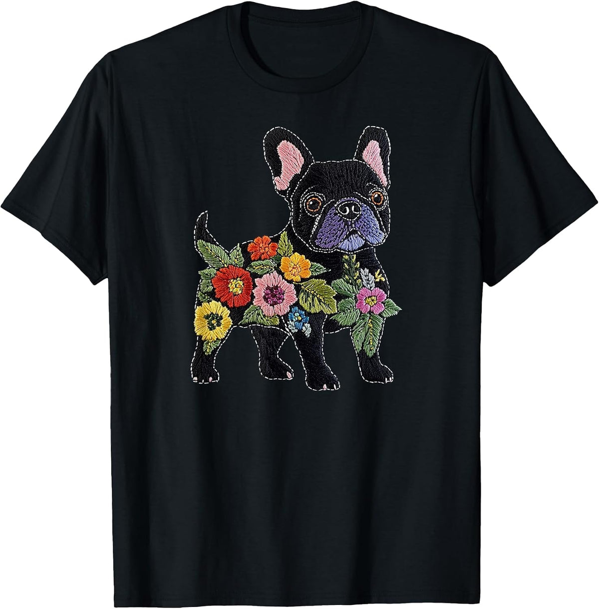 French Bulldog Flower Funny Dog Silhouette Floral Women Men T-Shirt - Black