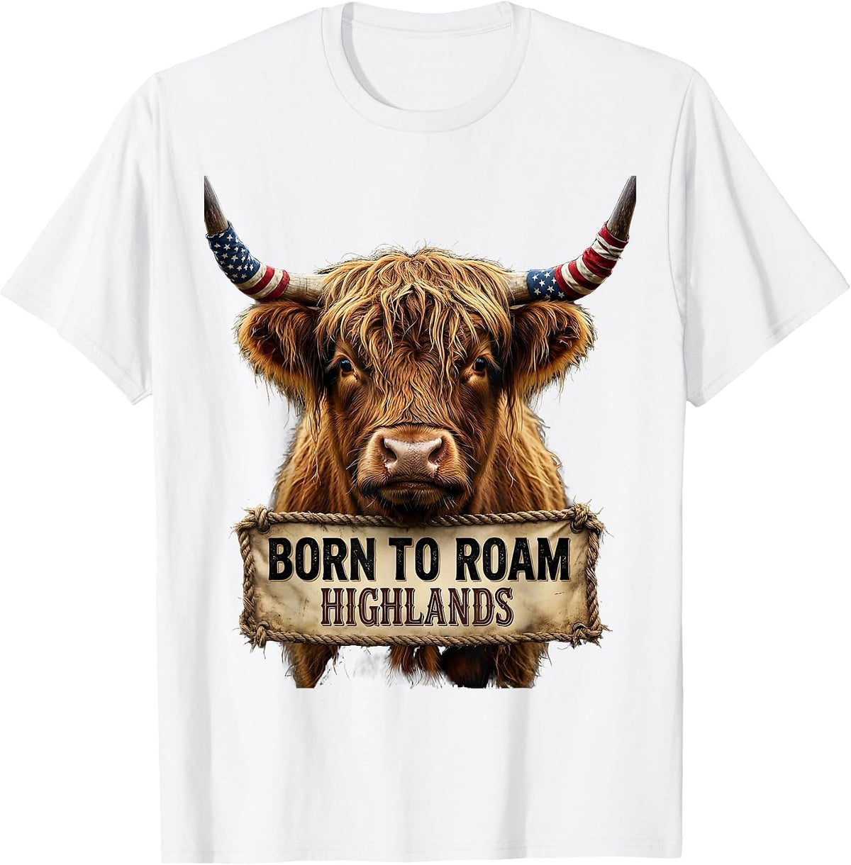 Men's Born to Roam Highlands Highland Cow Design T-Shirt - White