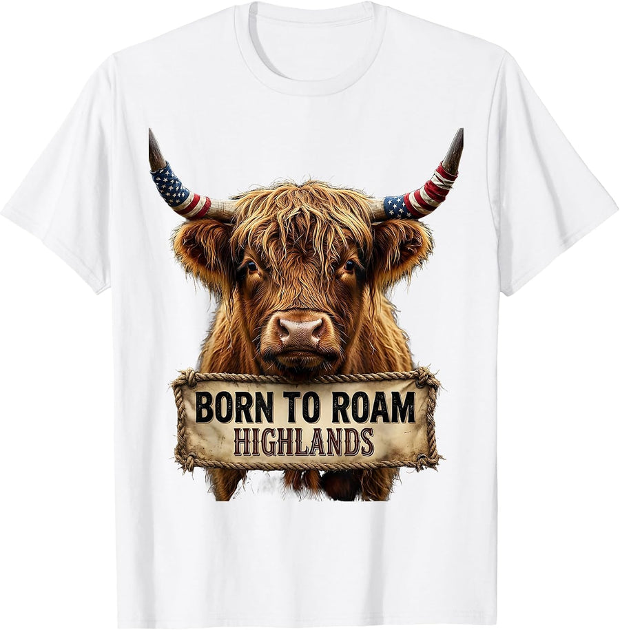 Men's Born to Roam Highlands Highland Cow Design T-Shirt - White