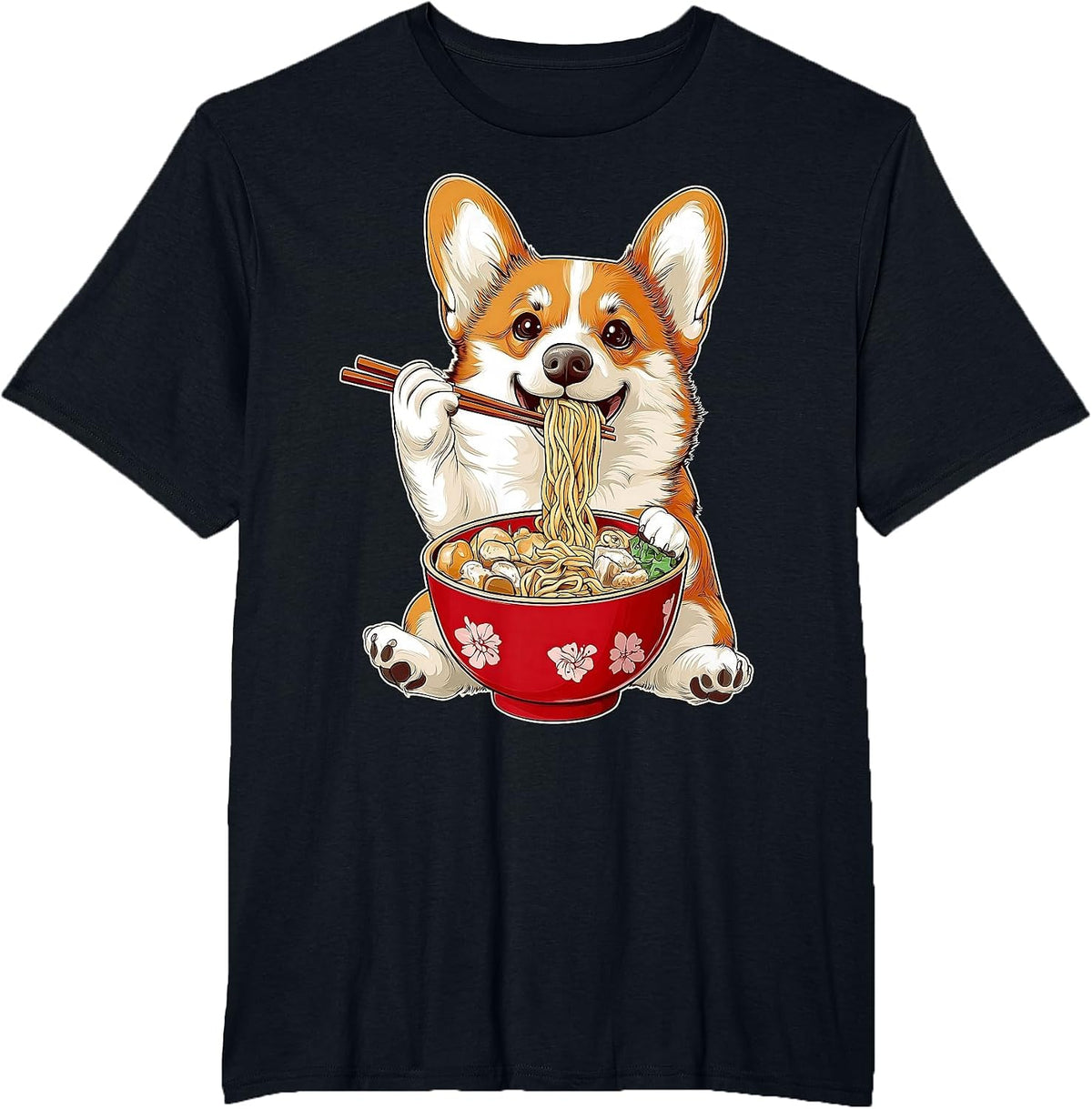 Corgi Dog Ramen Japanese Noodles T-Shirt - Black