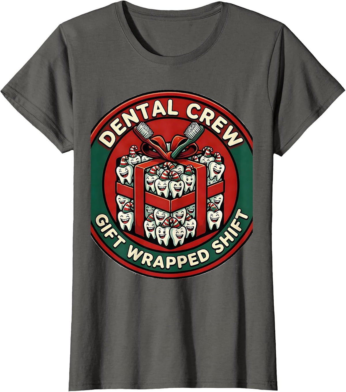 Women's Dental Crew Gift Wrapped Shift Cartoon Dental Team Holiday T-Shirt - Asphalt Grey