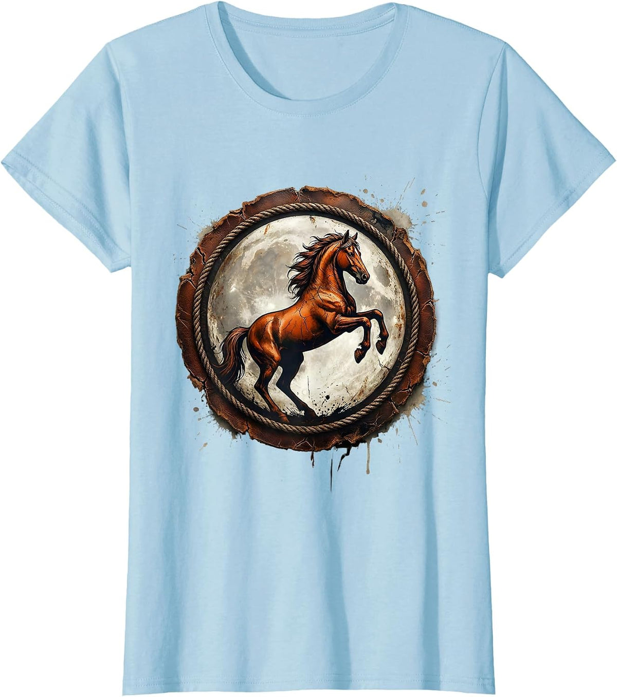 Women's Rearing Horse Full Moon Western Night Sky T-Shirt - Baby Blue