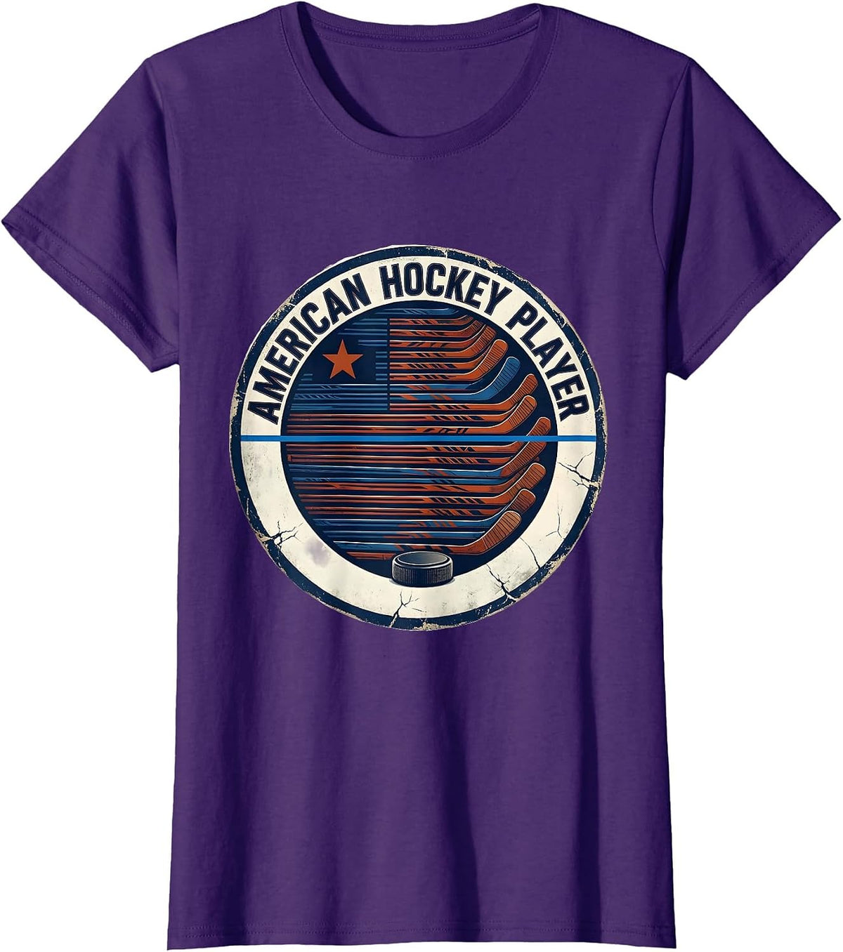 Women's American Hockey Player Distressed Ice Hockey Patriotic Fan T-Shirt - Purple