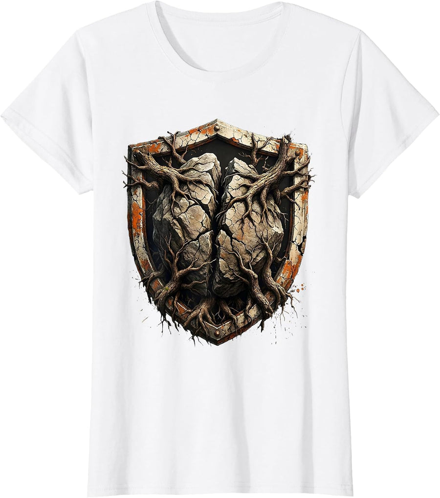 Women's Never Surrender Oak Tree Roots Splitting Boulder T-Shirt - White